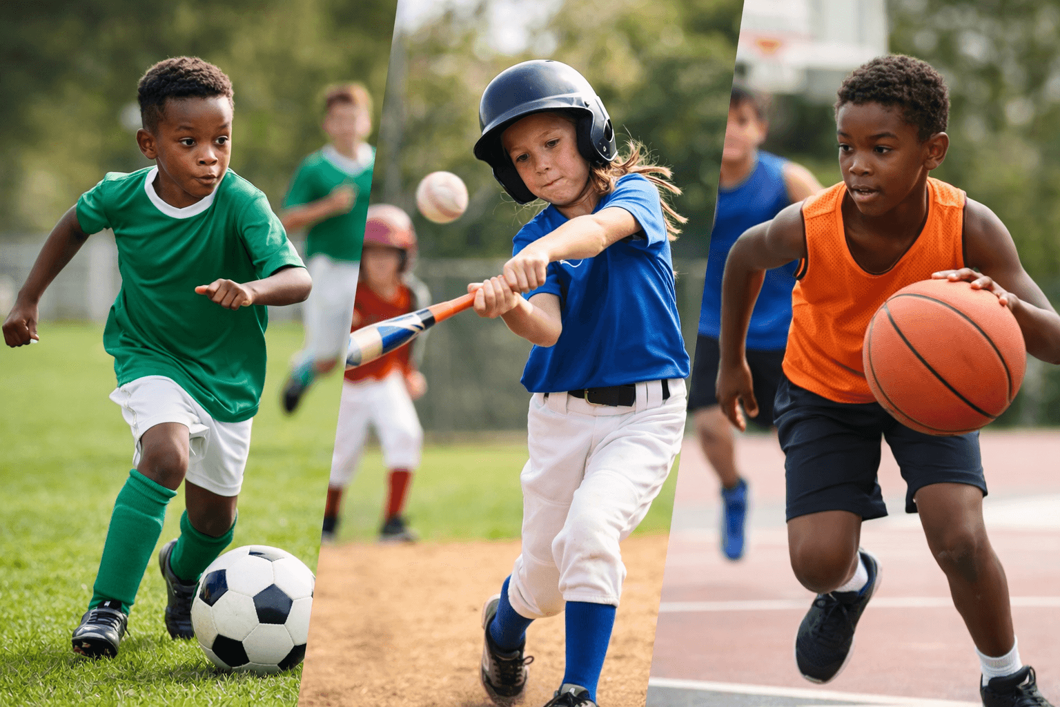 Young athletes playing soccer, baseball, and basketball